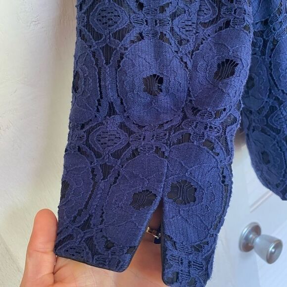 Chico's blue lace blazer with black tuxedo collar - Picture 6 of 10